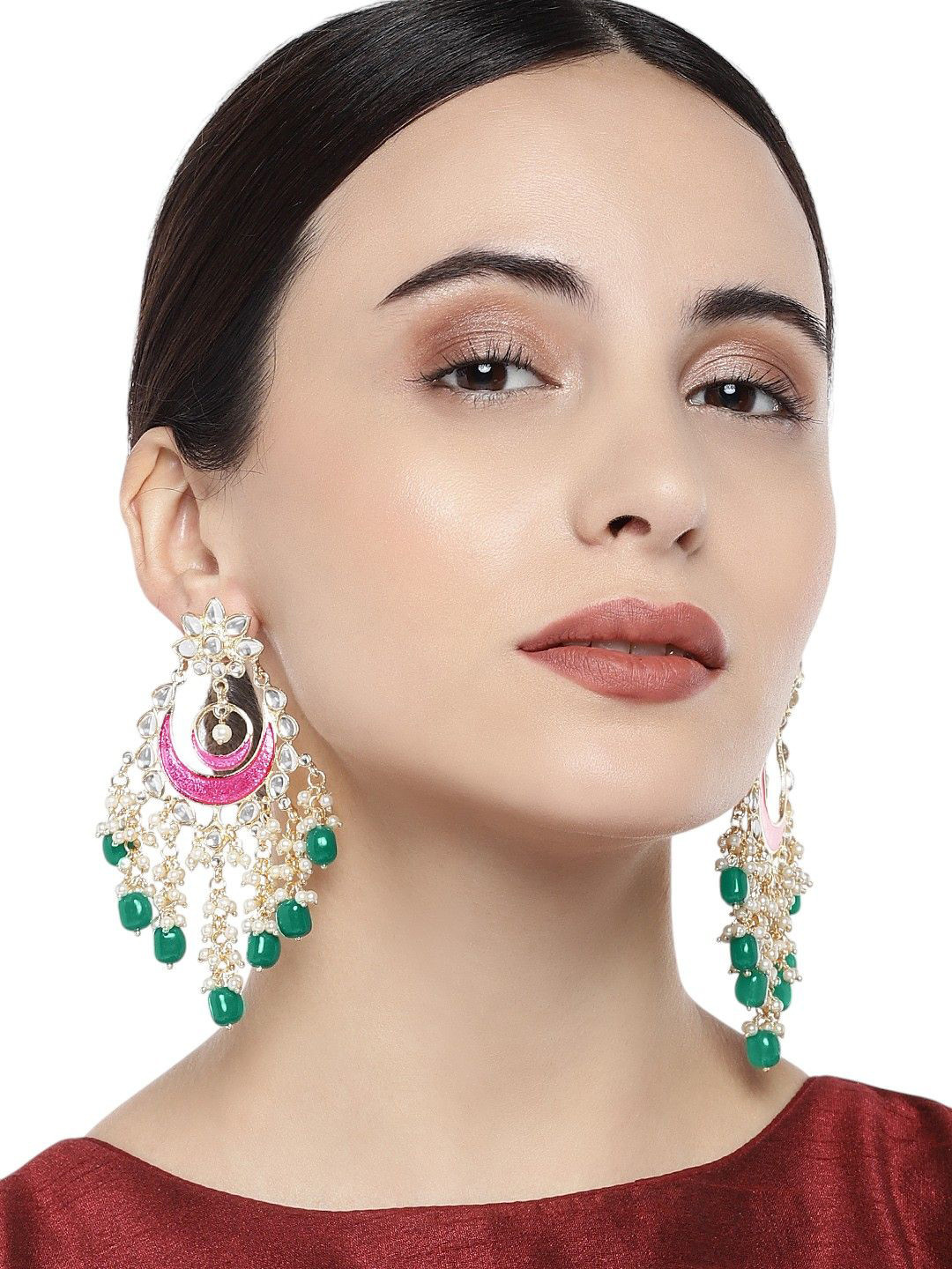 Anouk Pink And Green Gold Plated Kundan Studded Chandbalis