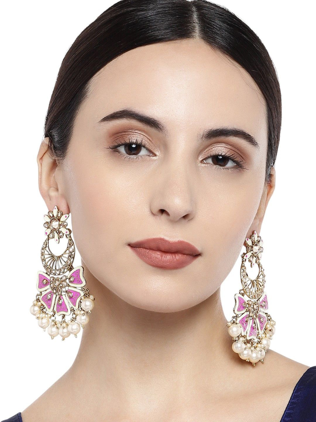 Anouk Gold-Toned And Pink Gold- Plated American Diamond Studded Chandbalis