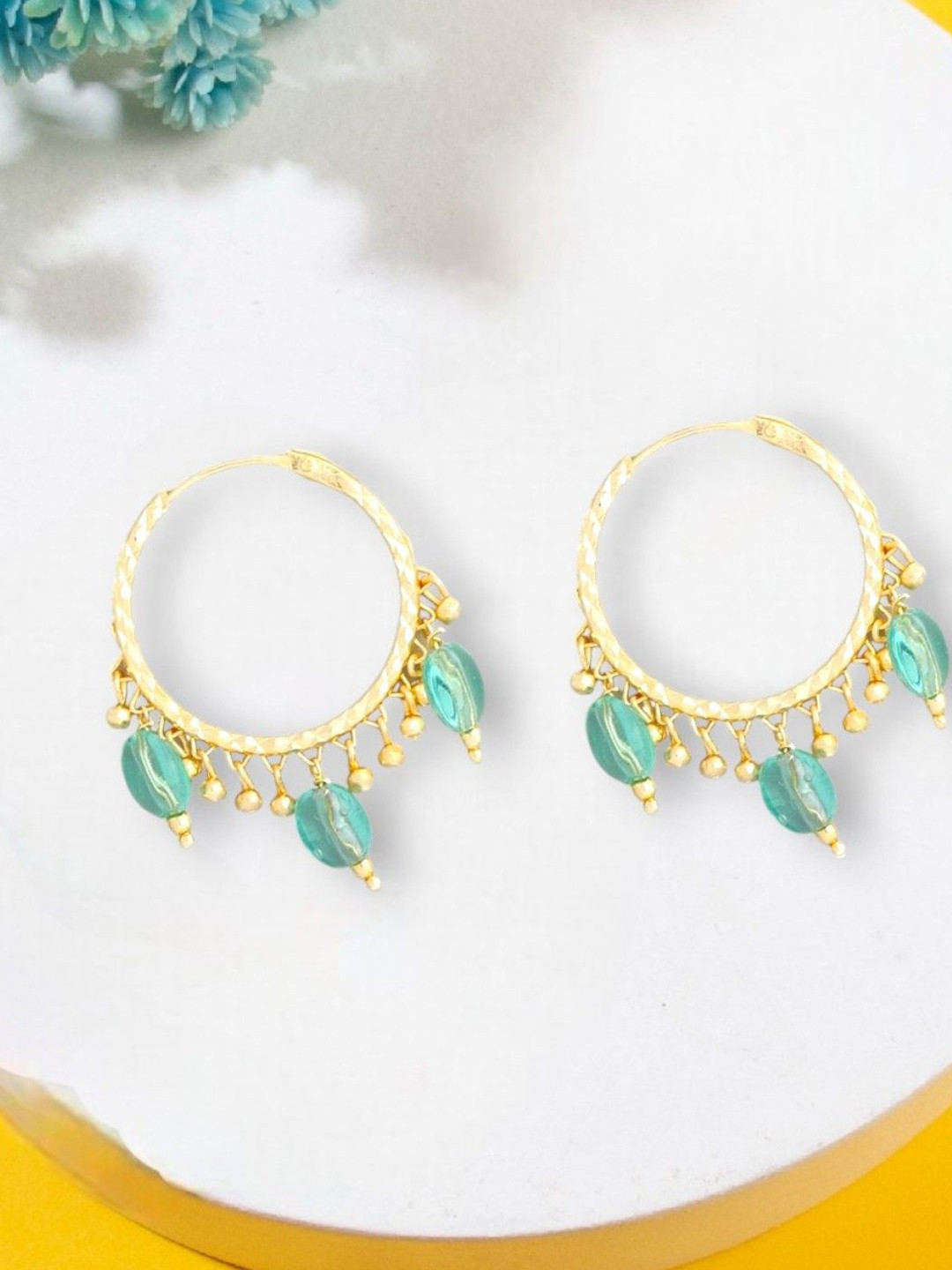 Anouk Gold-Toned And Green Gold Plated Artificial Beads Studded Hoop Shaped Earrings