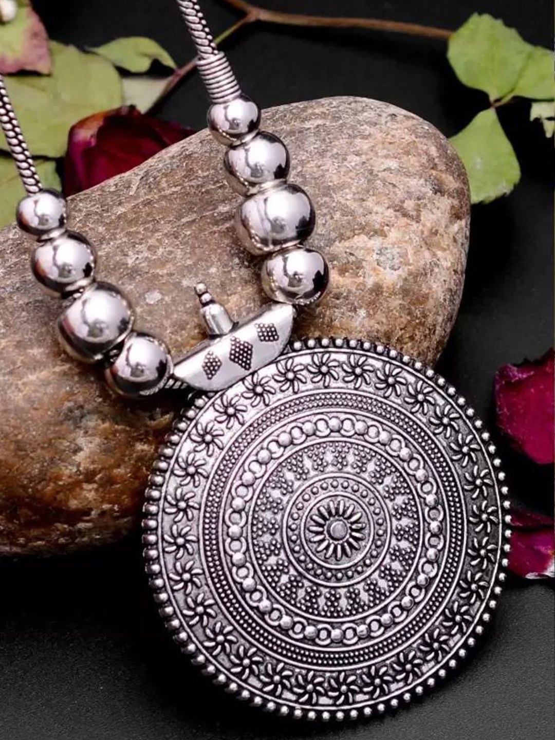DEGHLAM Set Of 2 Silver Plated Circular & Heart Shape Necklace