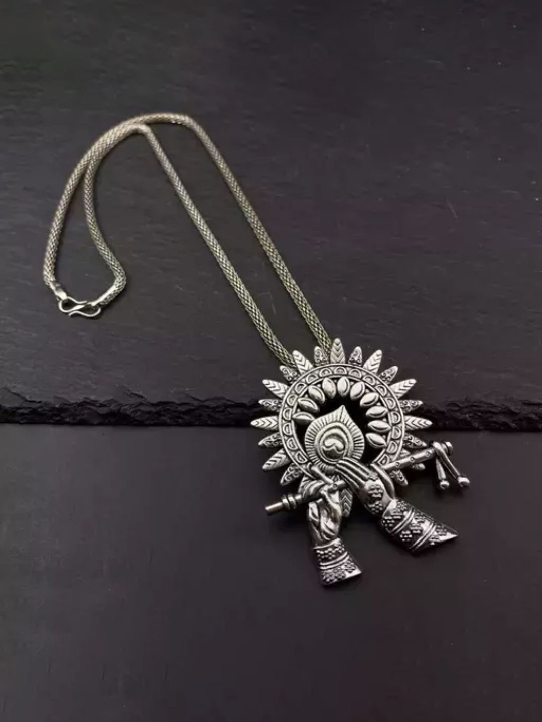 DEGHLAM  Silver Plated FLoral Basuri Charm Pendant With Chain