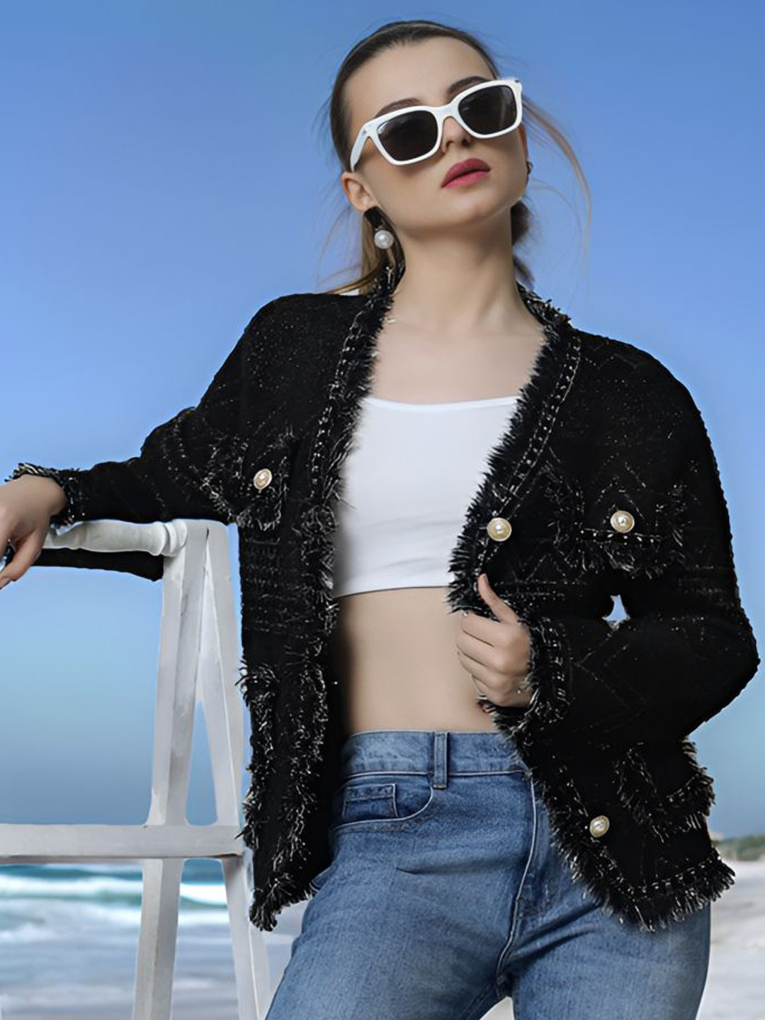 DressBerry Black Chevron Self Design Woolen Regular Jacket