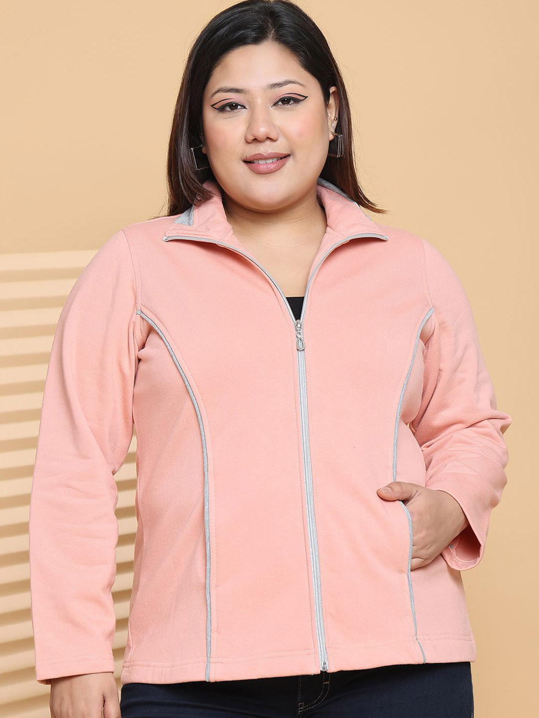 theRebelinme Women Plus Size Mock Collar Striped Fleece Casual Gilet Jacket