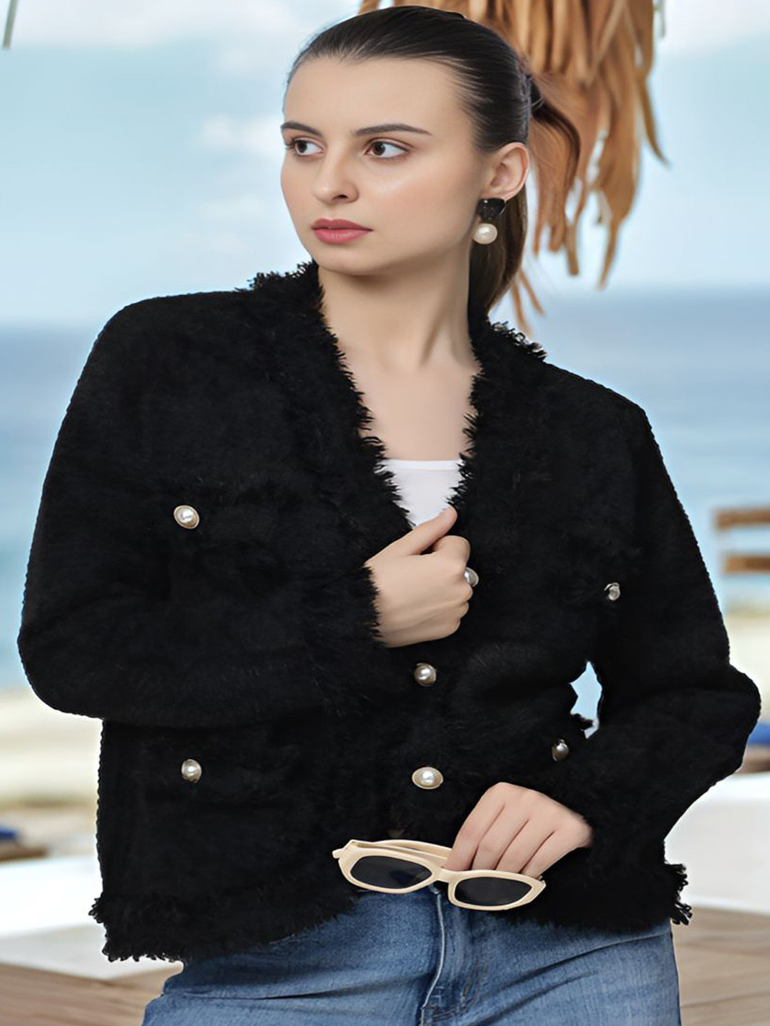 DressBerry Black Self Design Long Sleeves Woolen Overcoat