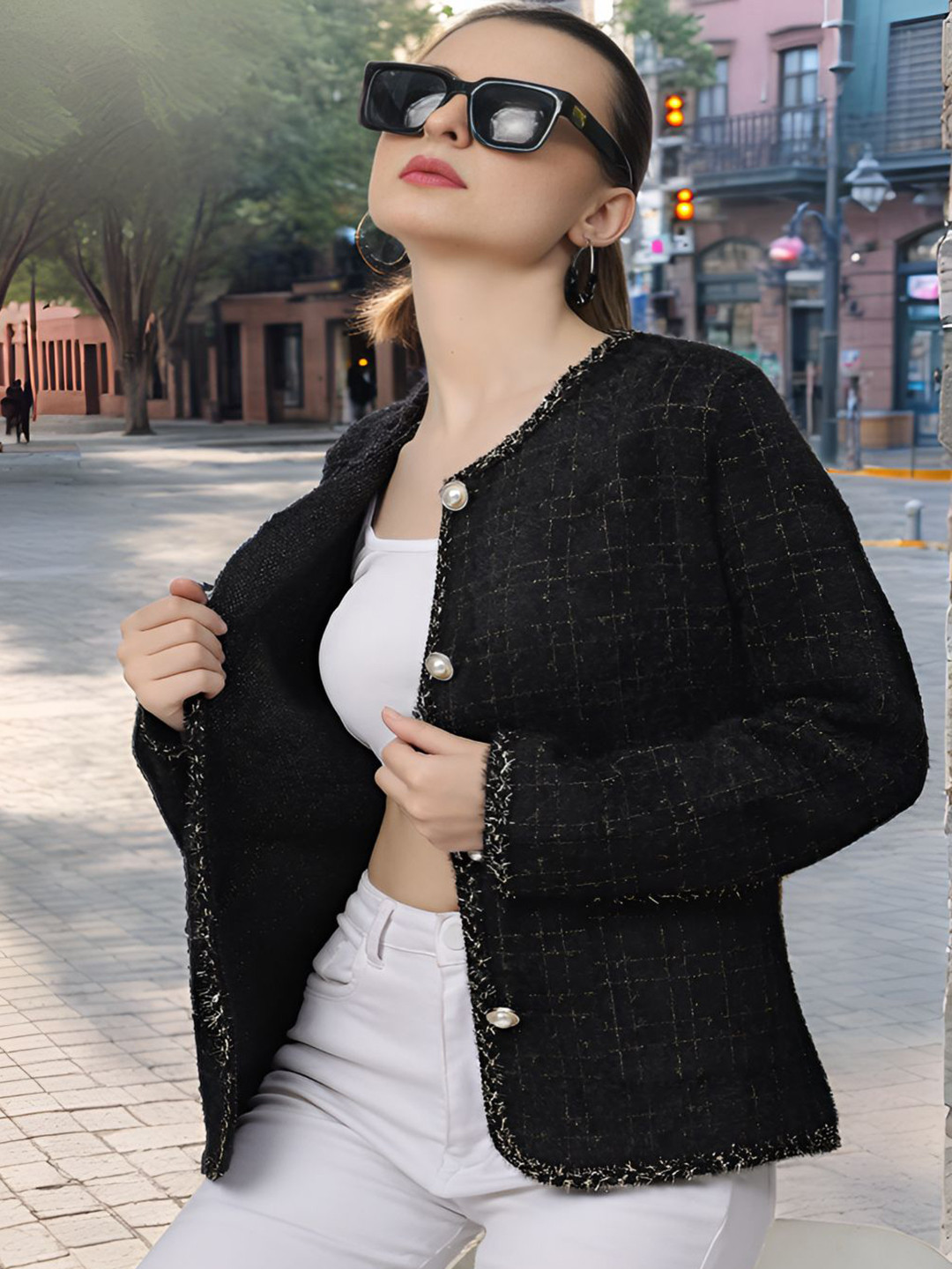 DressBerry Black Checked Long Sleeves Woolen Overcoat