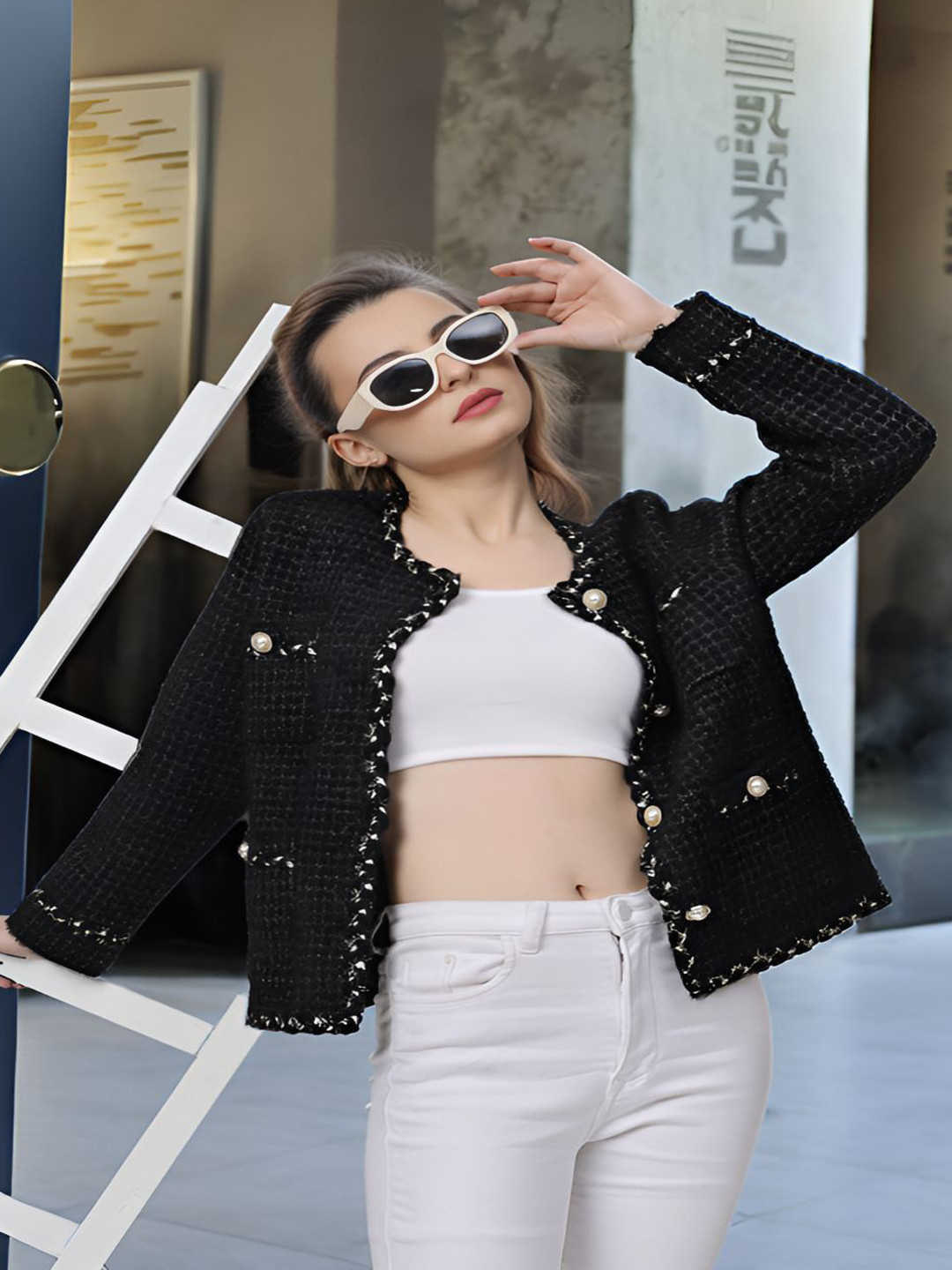 DressBerry Black and White Checked Long Sleeves Woolen Overcoat