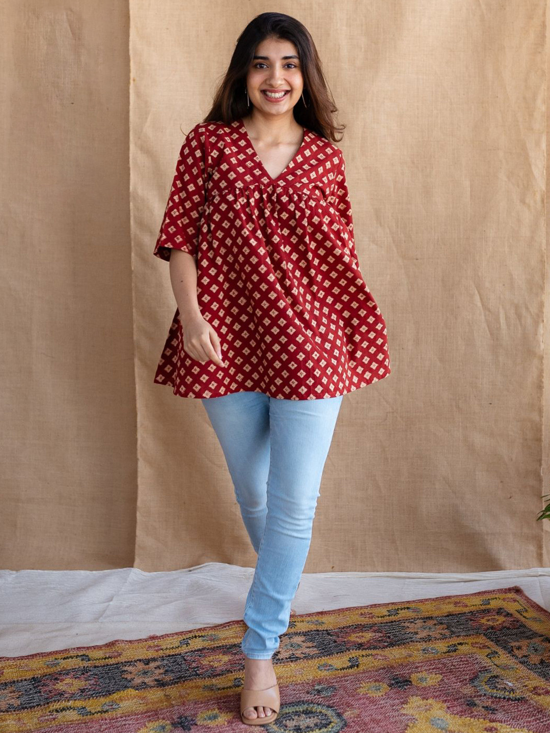 THE INDIAN ETHNIC CO Maroon A-Line Ajrakh Cotton Short Top