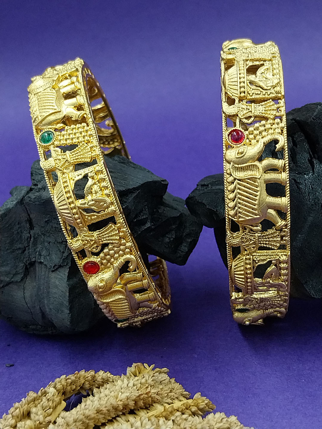 AARNAA Set Of 2 Gold-Plated Stones-Studded Rajasthani Rajwadi Meenakari Bangles