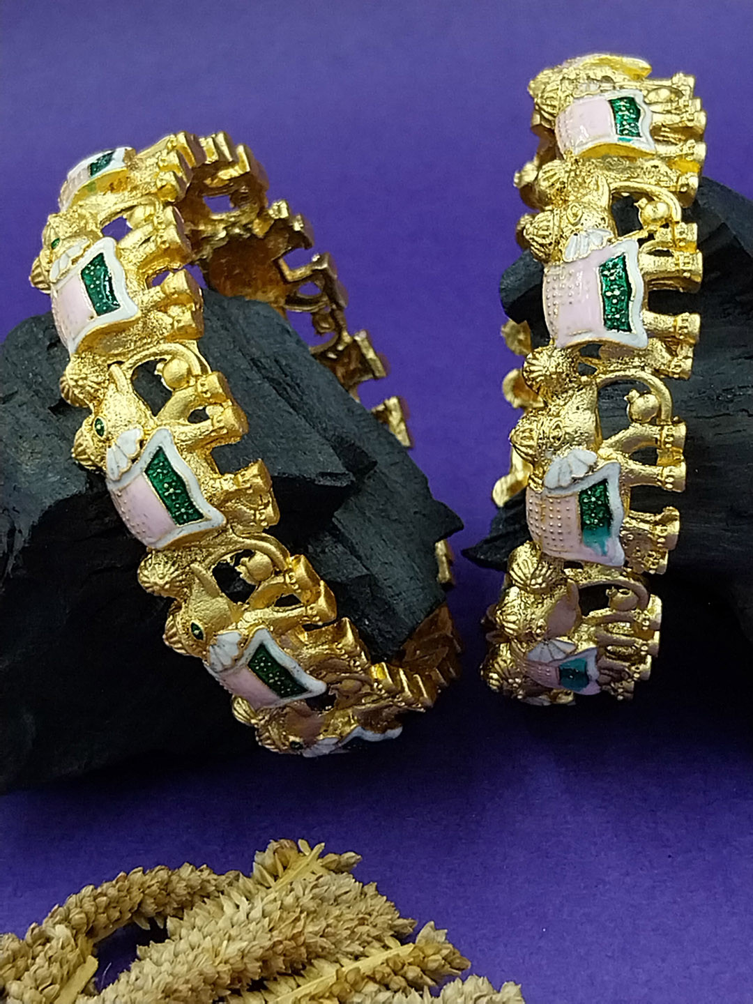 AARNAA Set Of 2 Gold-Plated Stones-Studded Elephant Rajasthani Rajwadi Meenakari Bangles