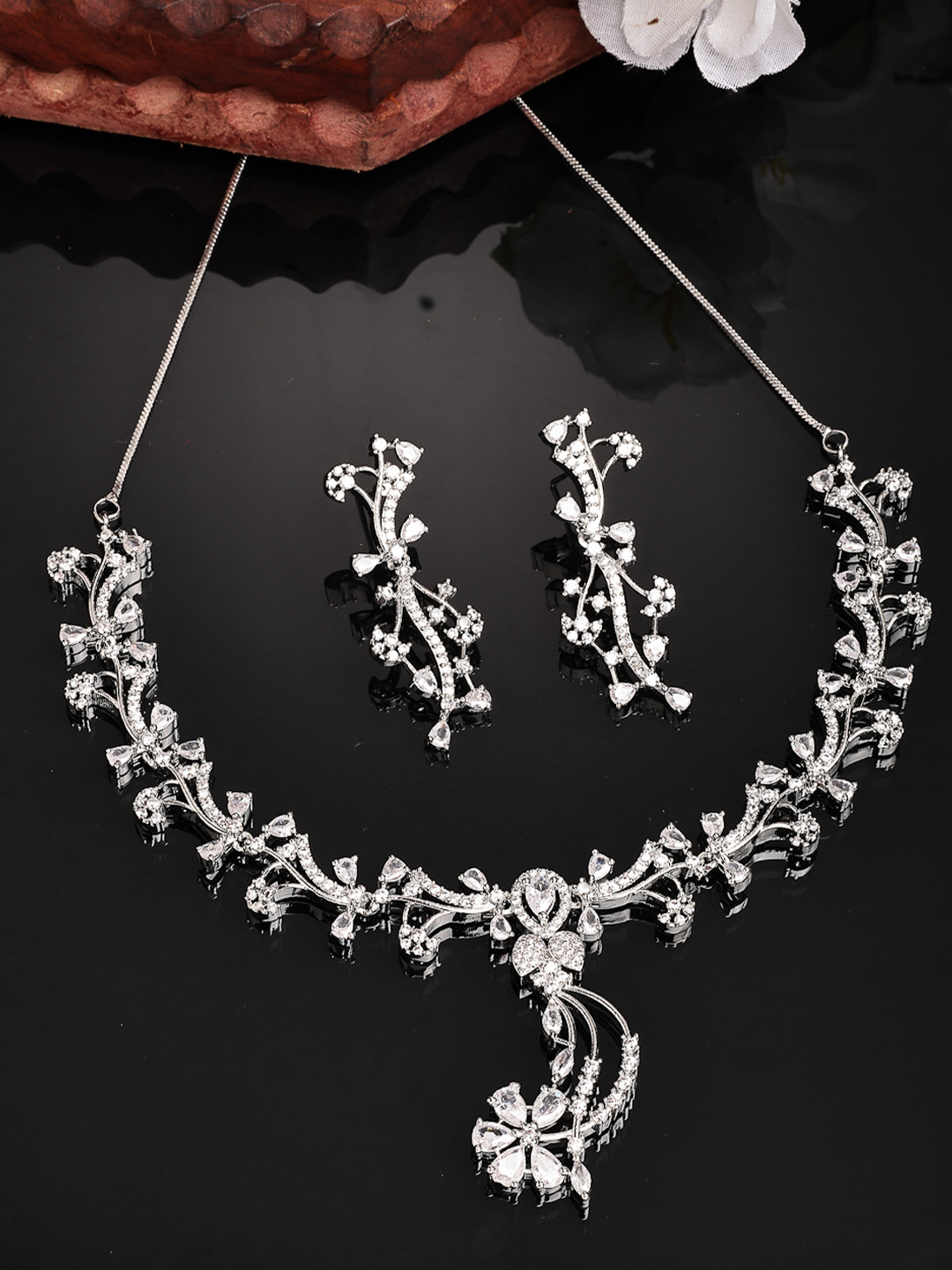 ZENEME Rhodium-Plated Luxury American Diamond Studded Necklace & Earrings Jewellery Set