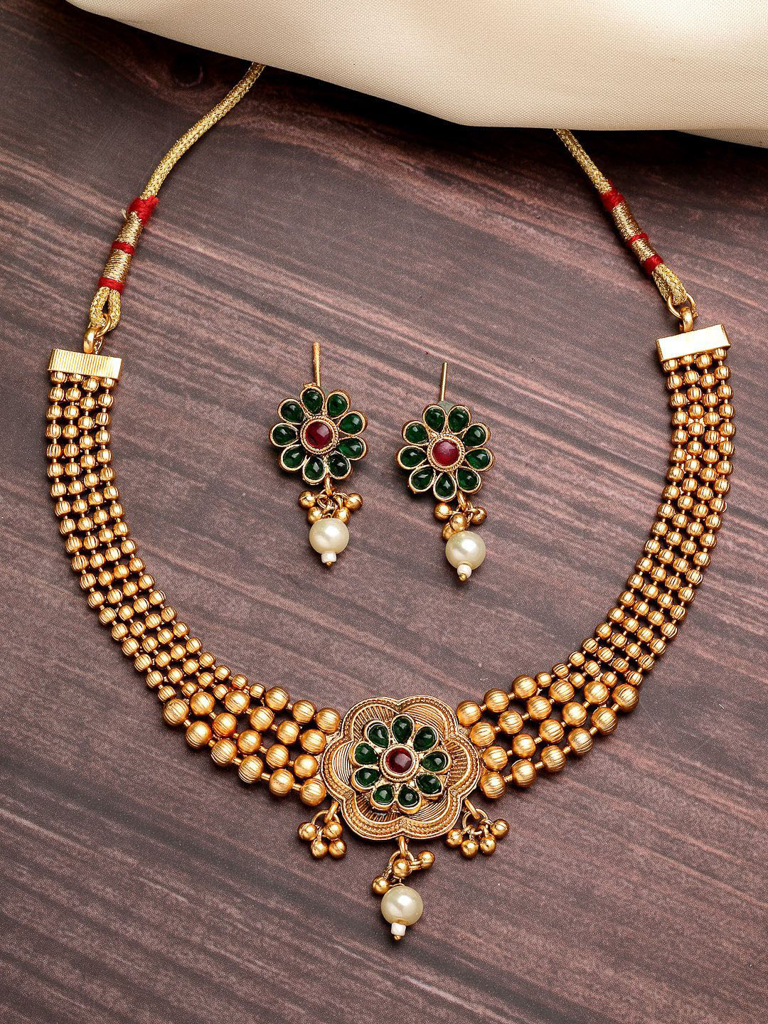 ZENEME Gold-Plated Long Traditional Red & Green Choker Necklace Set with Earrings