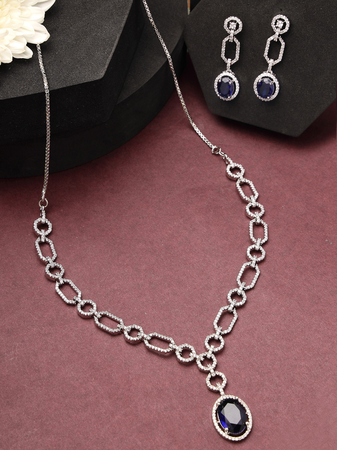 ZENEME Rhodium-Plated Blue American Diamond Contemporary Detailing Necklace & Earring Set