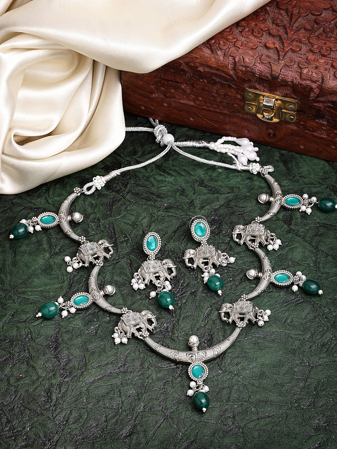 ZENEME Traditional Oxidised Silver Toned Green Necklace & Earrings jewellery Set