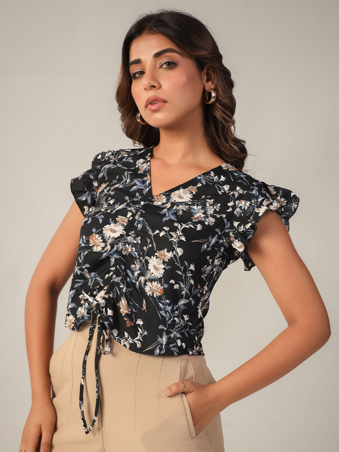 June 9 Clothing Women V-Neck Ruched Floral Printed Flutter Sleeves Top