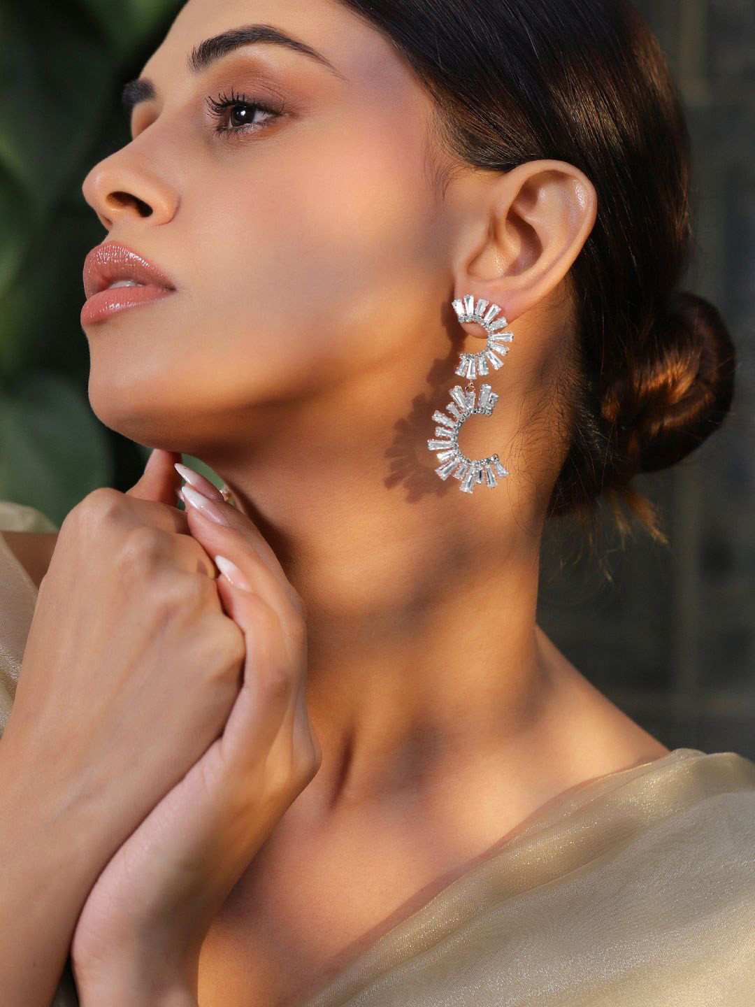 Rubans18K Gold-Plated Curved Crystal Stone Studded Contemporary Shaped Drop Earrings