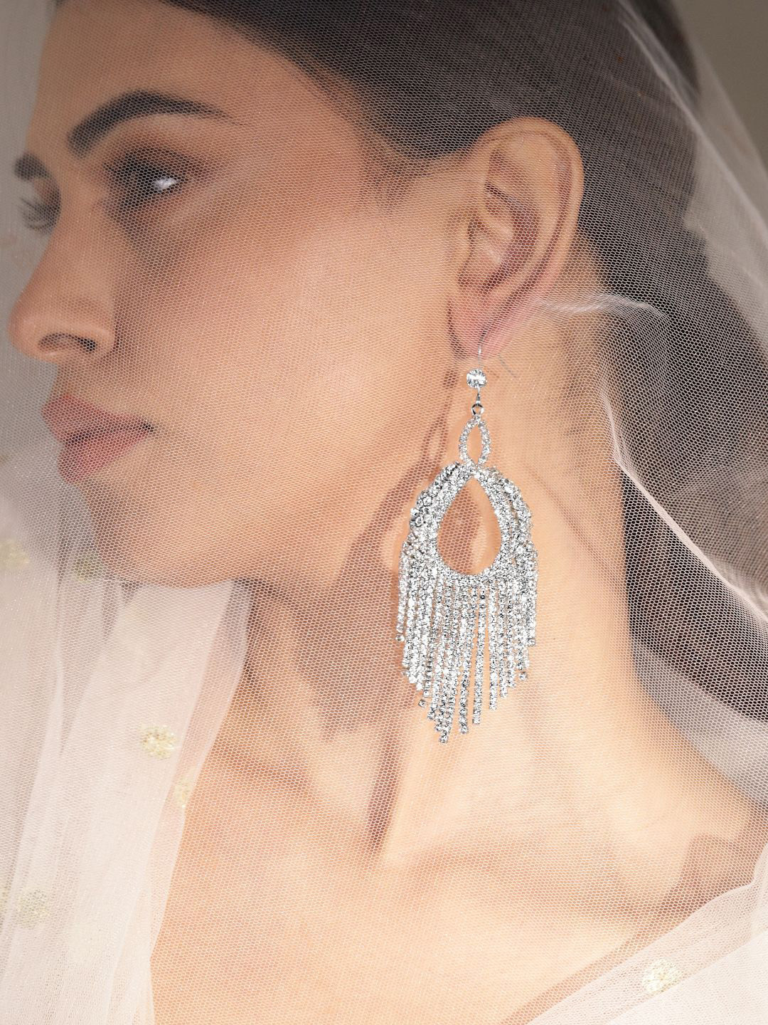 Rubans Rhodium-Plated Artificial Stones Studded Teardrop Shaped Drop Earrings