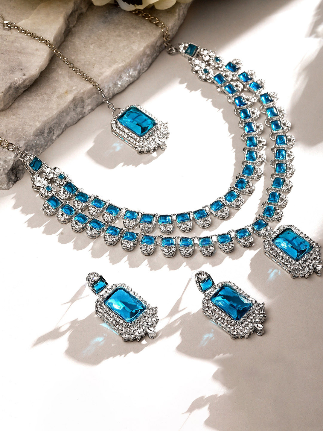 Atasi International Silver-Plated American Diamond-Studded Necklace & Earrings Maang Tika