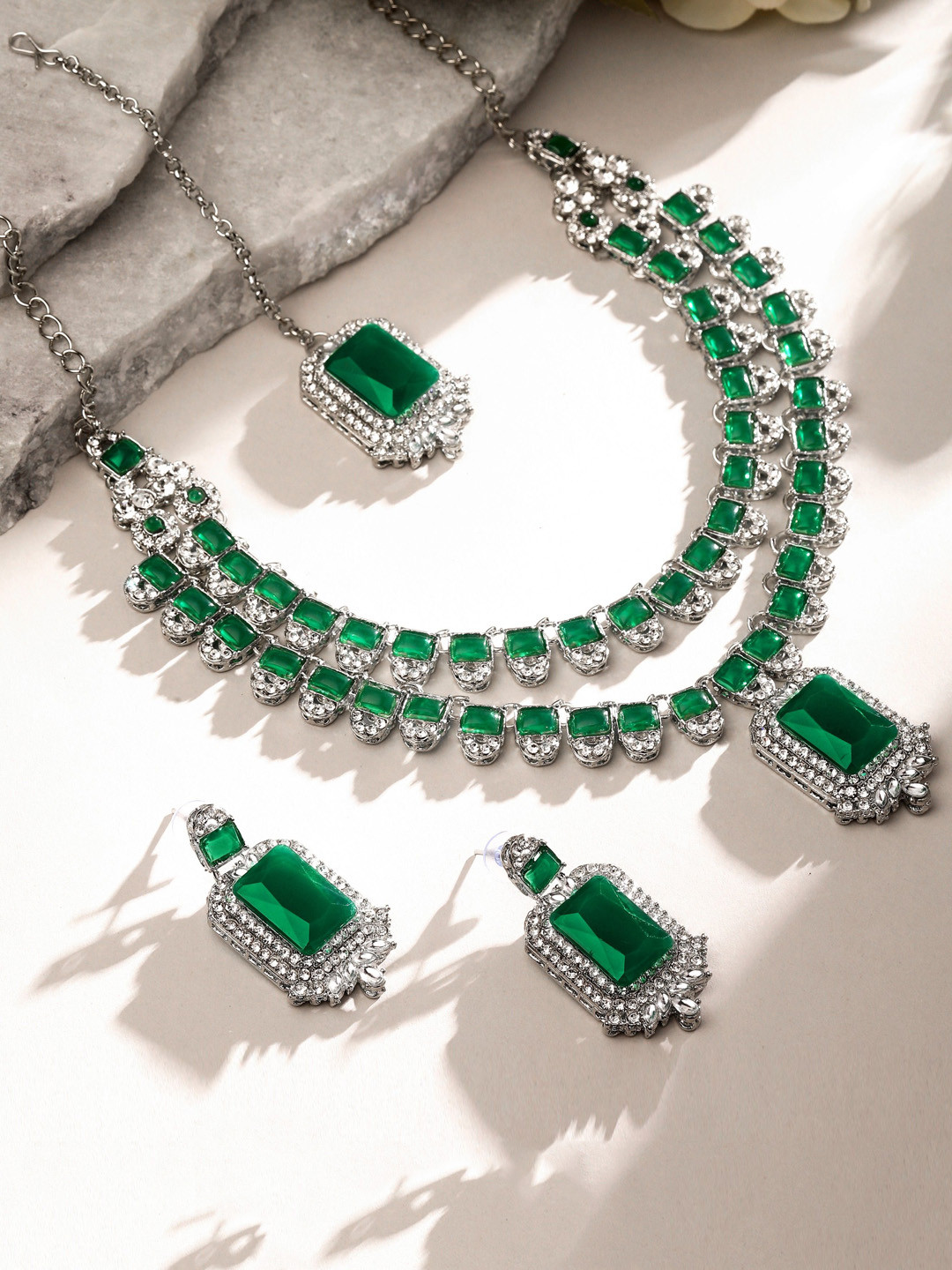 Atasi International Rhodium-Plated Emerlad Style AD-Studded Necklace & Earrings Maang Tika