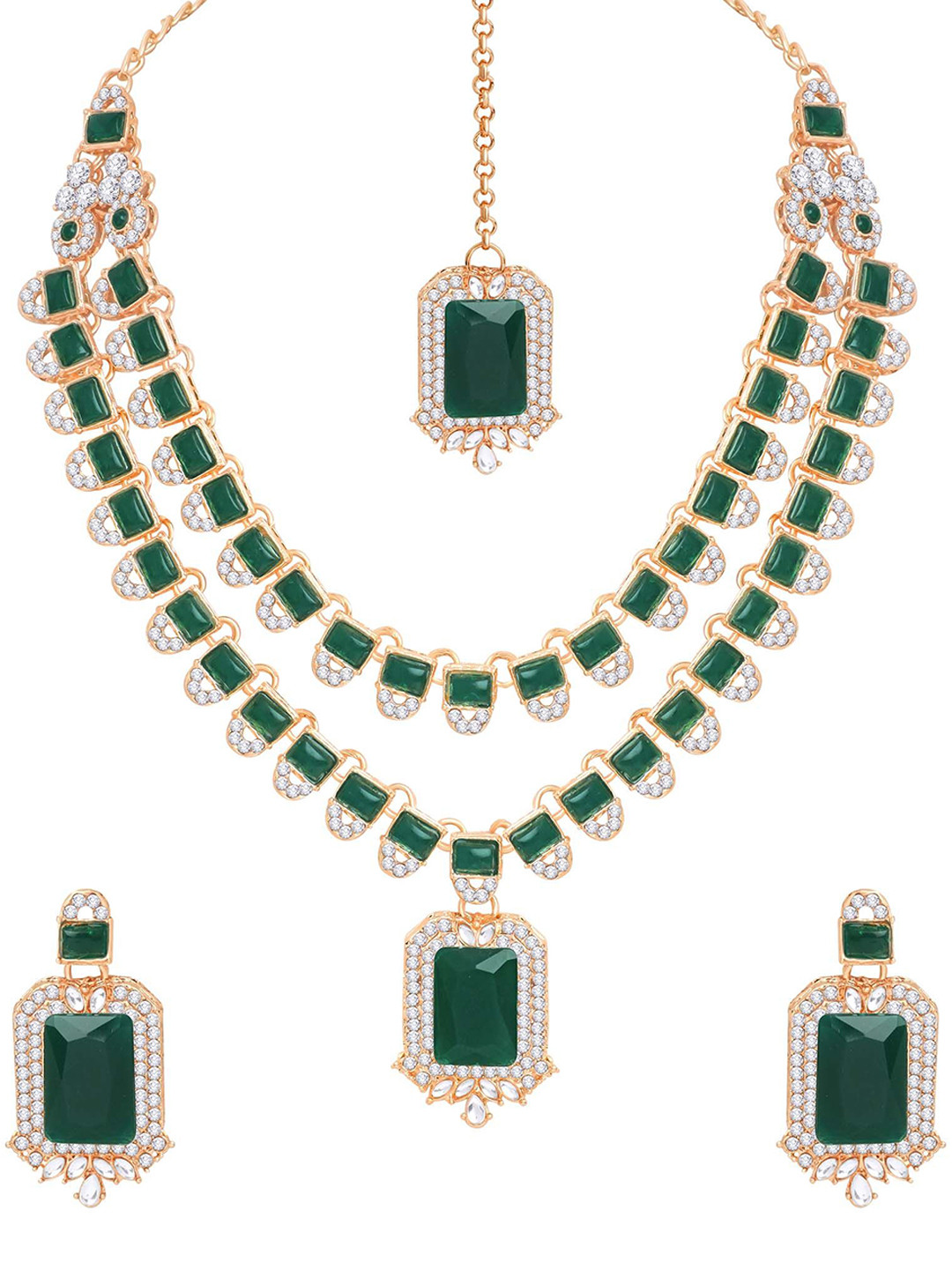 Atasi International Gold-Plated Emerlad Style AD-Studded Necklace & Earrings Maang Tika