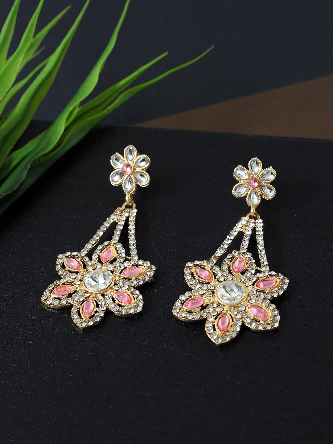 Anouk Pink And White Silver-Plated Rhinestones And Kundan Studded Drop Shaped Earrings