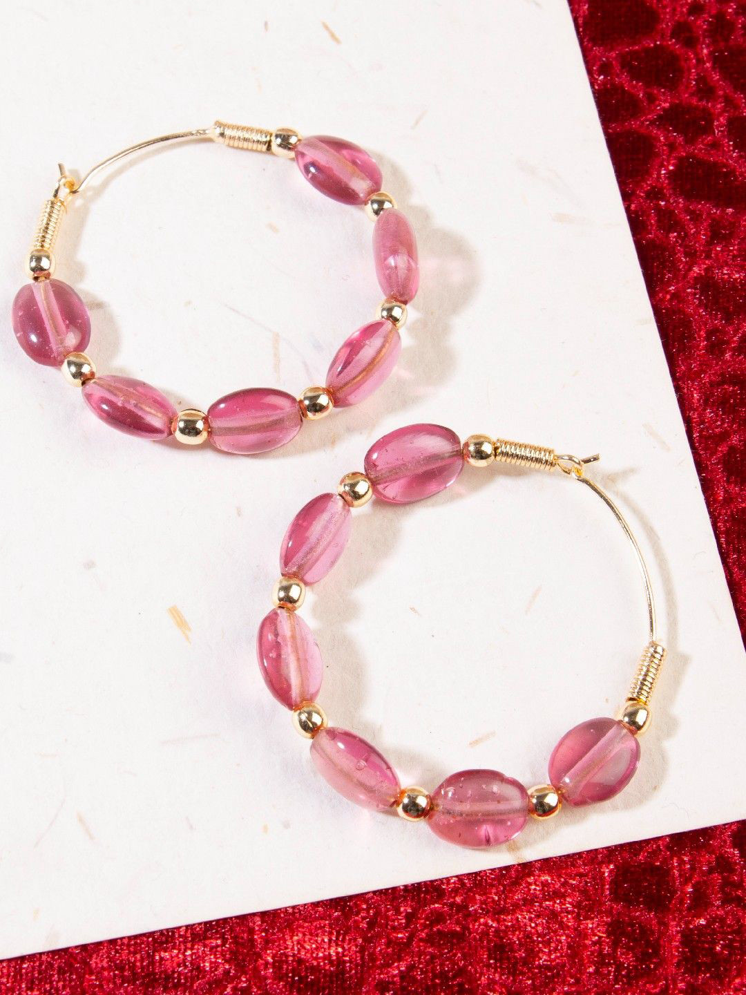 Anouk Pink And Silver-Plated Artificial Beads Studded Hoop Shaped Earrings