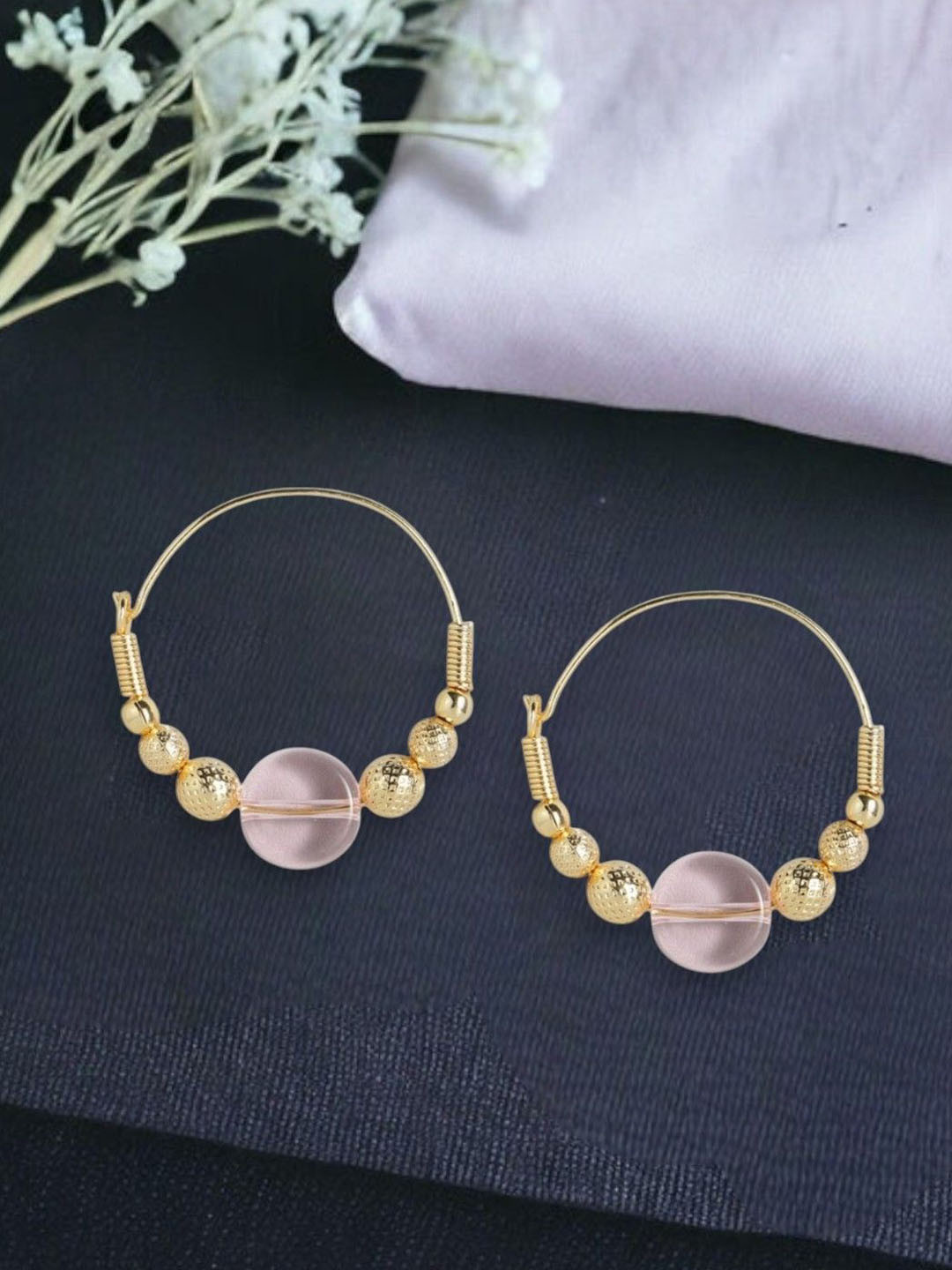 Anouk Pink And Gold-Plated Artificial Beads Studded Hoop Shaped Earrings