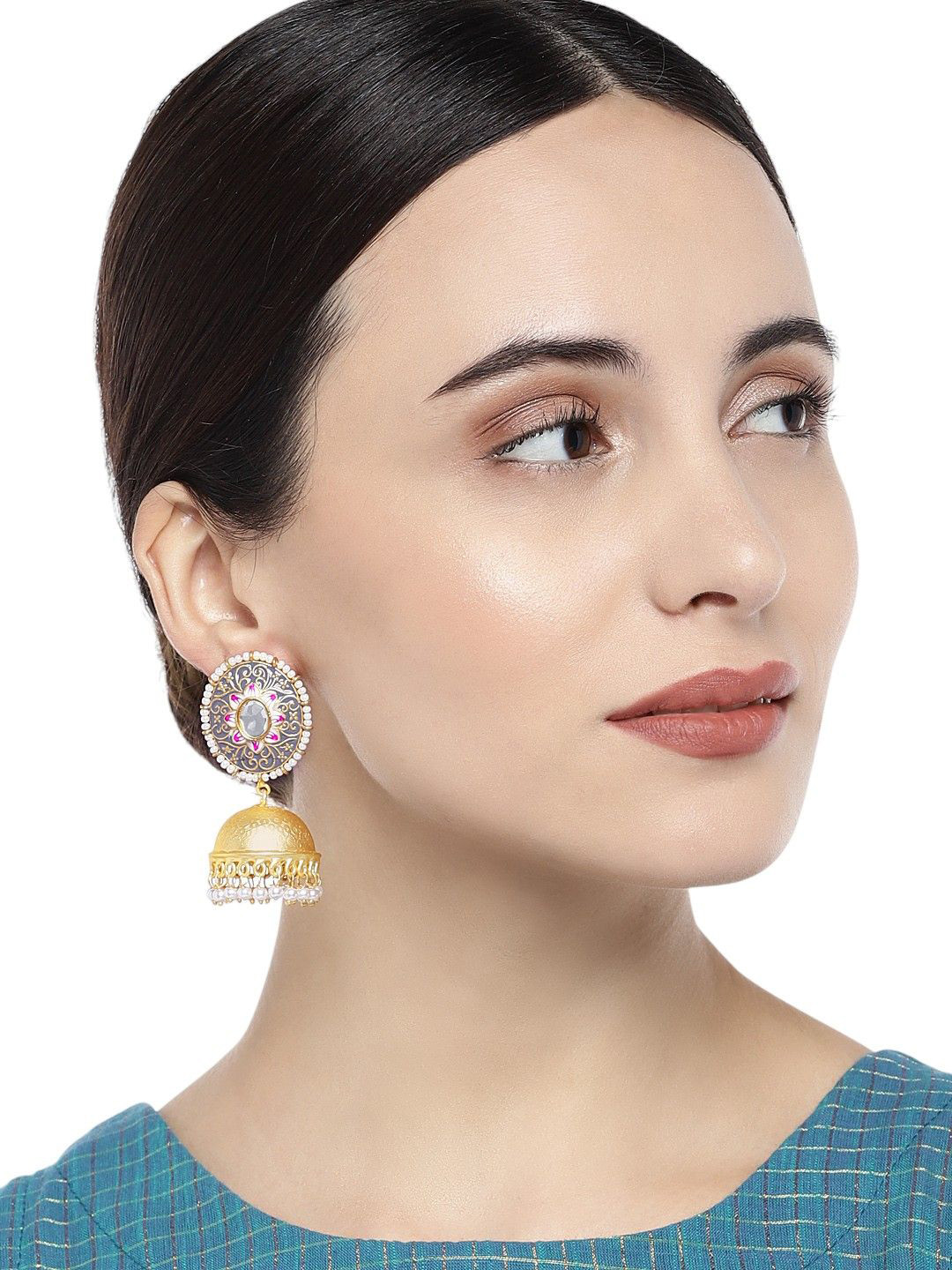 Anouk Purple And Grey Gold-Plated Meenakari Artificial Beads Studded Jhumkas