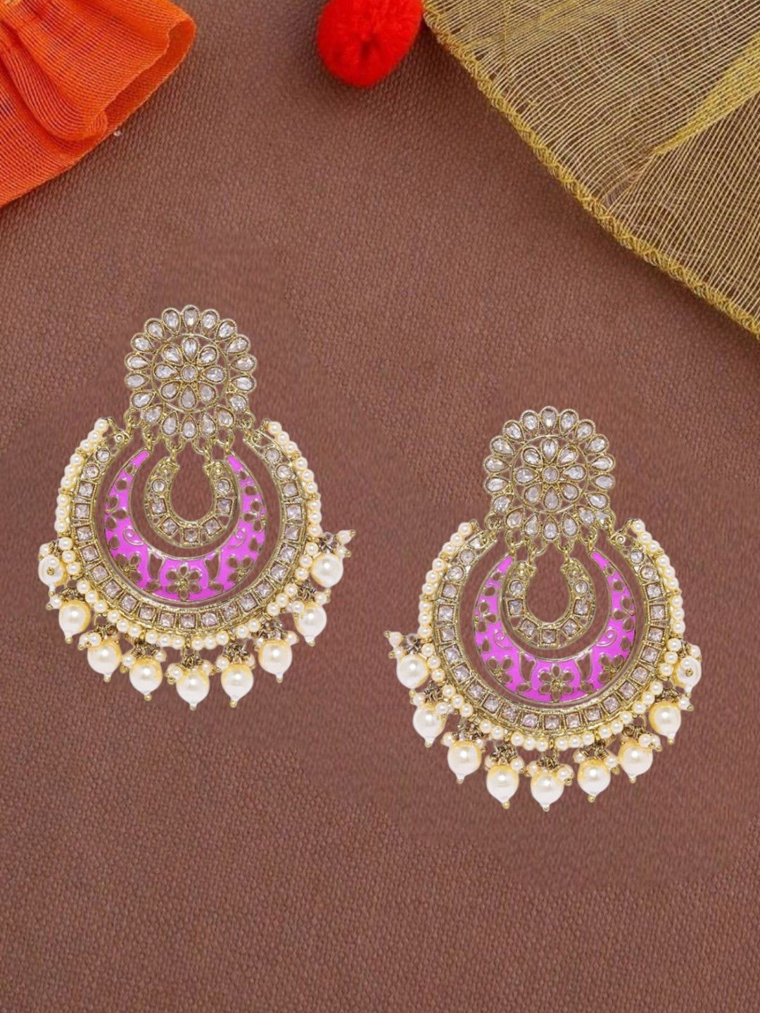 Anouk Pink And Gold-Plated Artificial Beads Studded Chandbalis