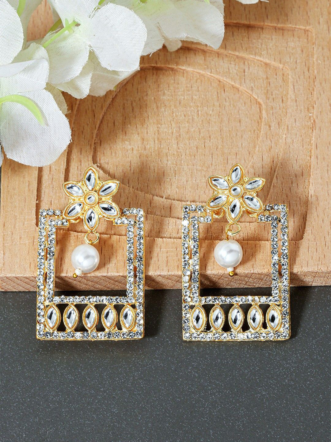 Anouk White And Gold-Plated Rhinestone Artificial Beads Studded Drop Shaped Earrings