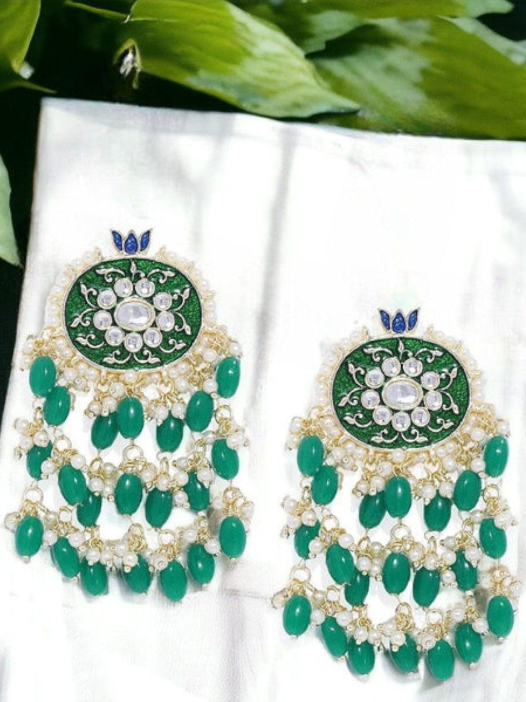 Anouk Green And Gold-Plated Artificial Beads Studded Chandbalis