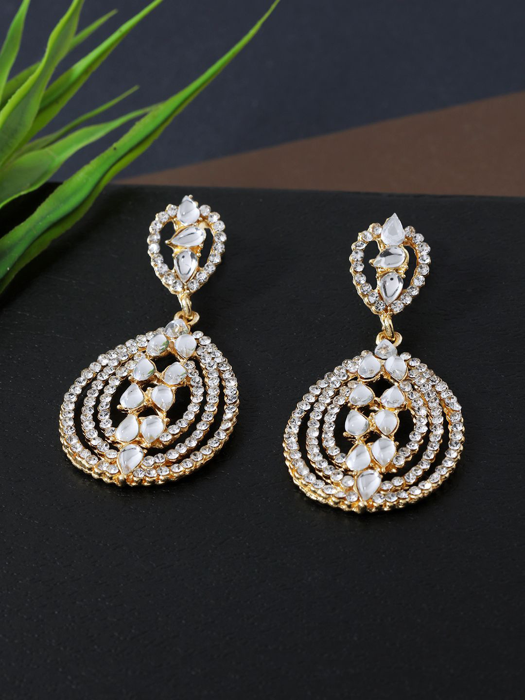 Anouk White And Gold-plated Rhinestone Studded Drop Earrings