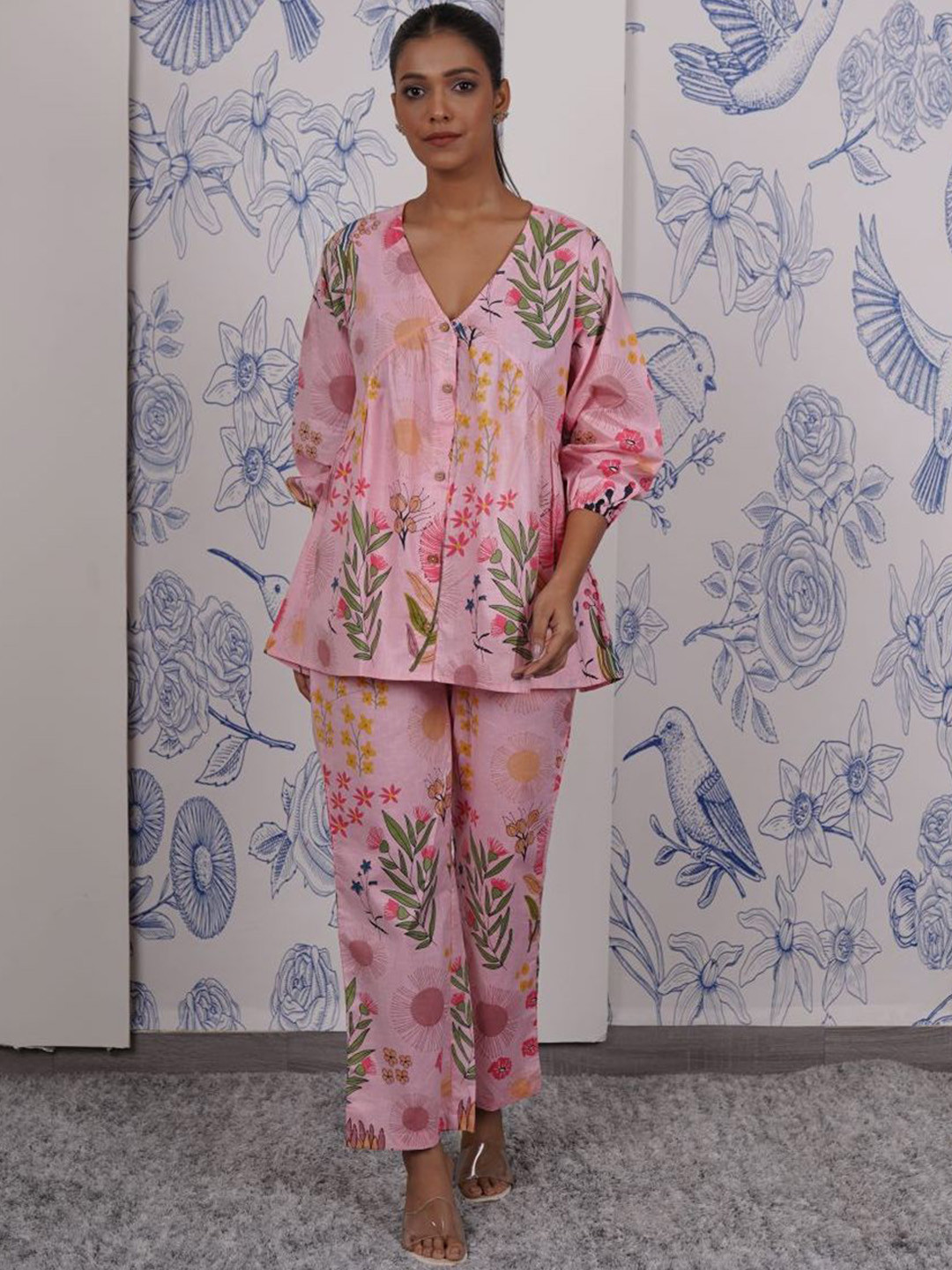 The Quince Life Peppy Pink Meadows Printed Pure Cotton Tunic With Trouser