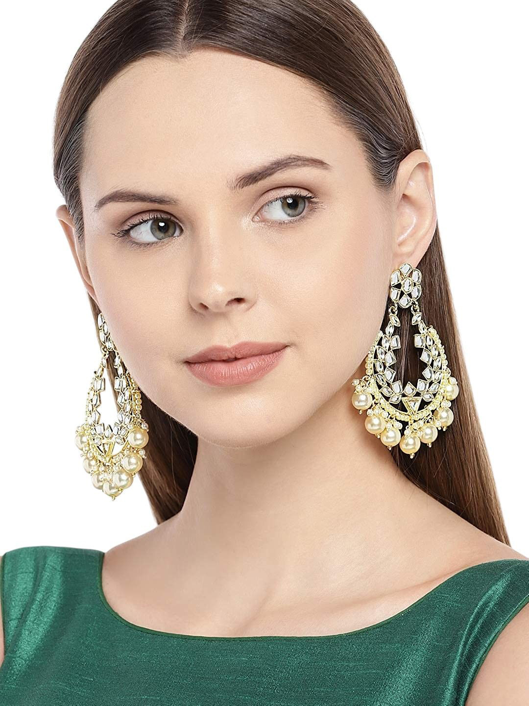 Anouk White Gold-Plated Artificial Kundan And Beads Studded Chandbalis