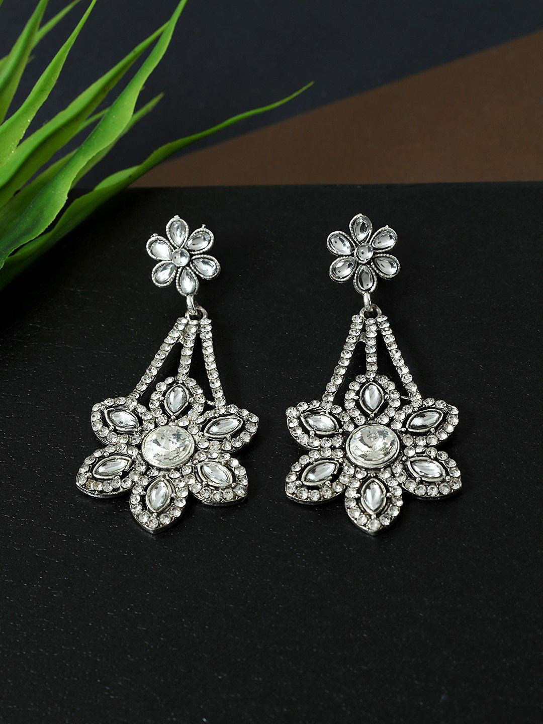 Anouk White And Silver-Plated Rhinestone Oxidized Studded Drop Shaped Earrings