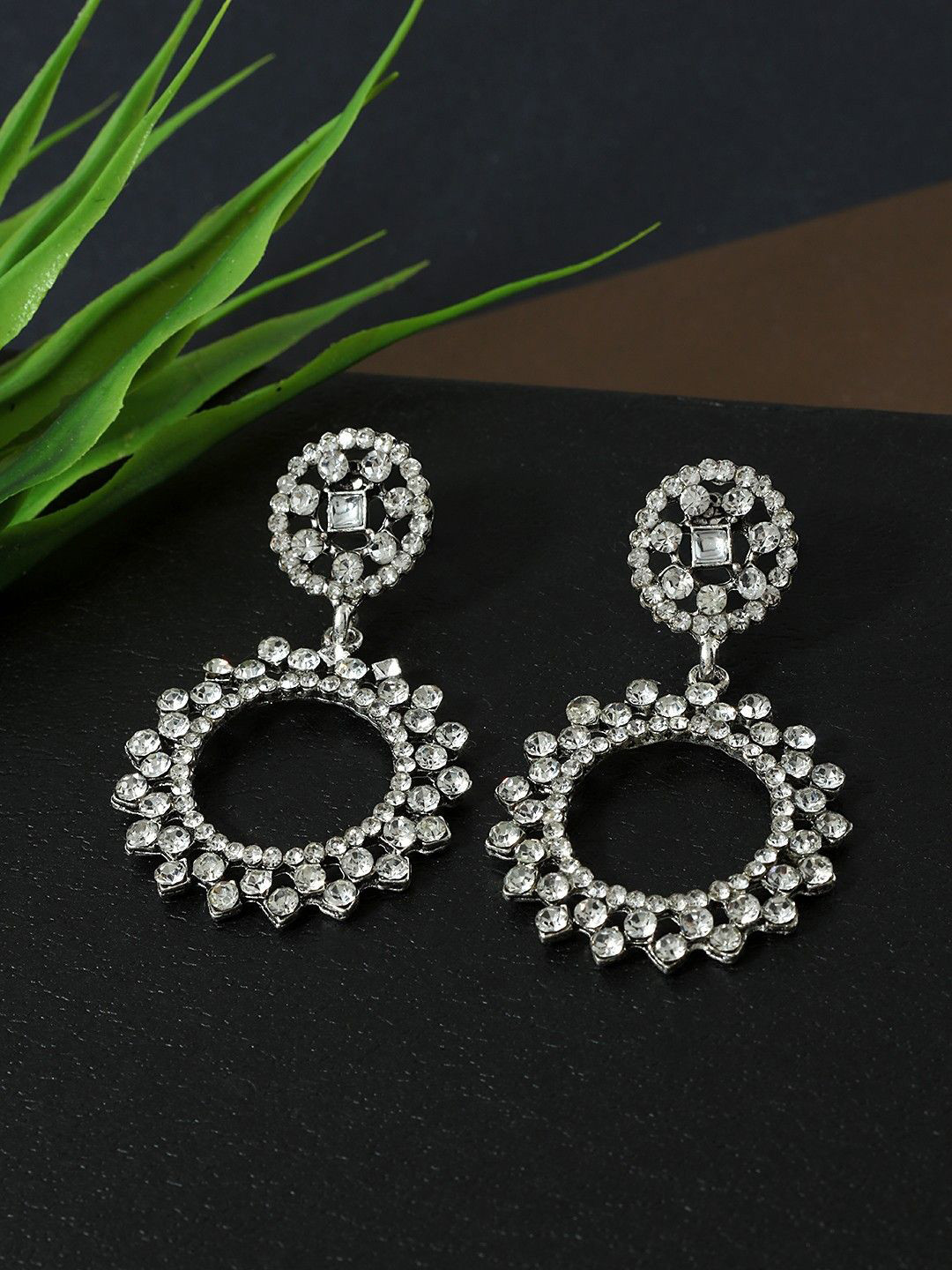 Anouk White And Silver-Plated Rhinestone Studded Drop Shaped Earrings