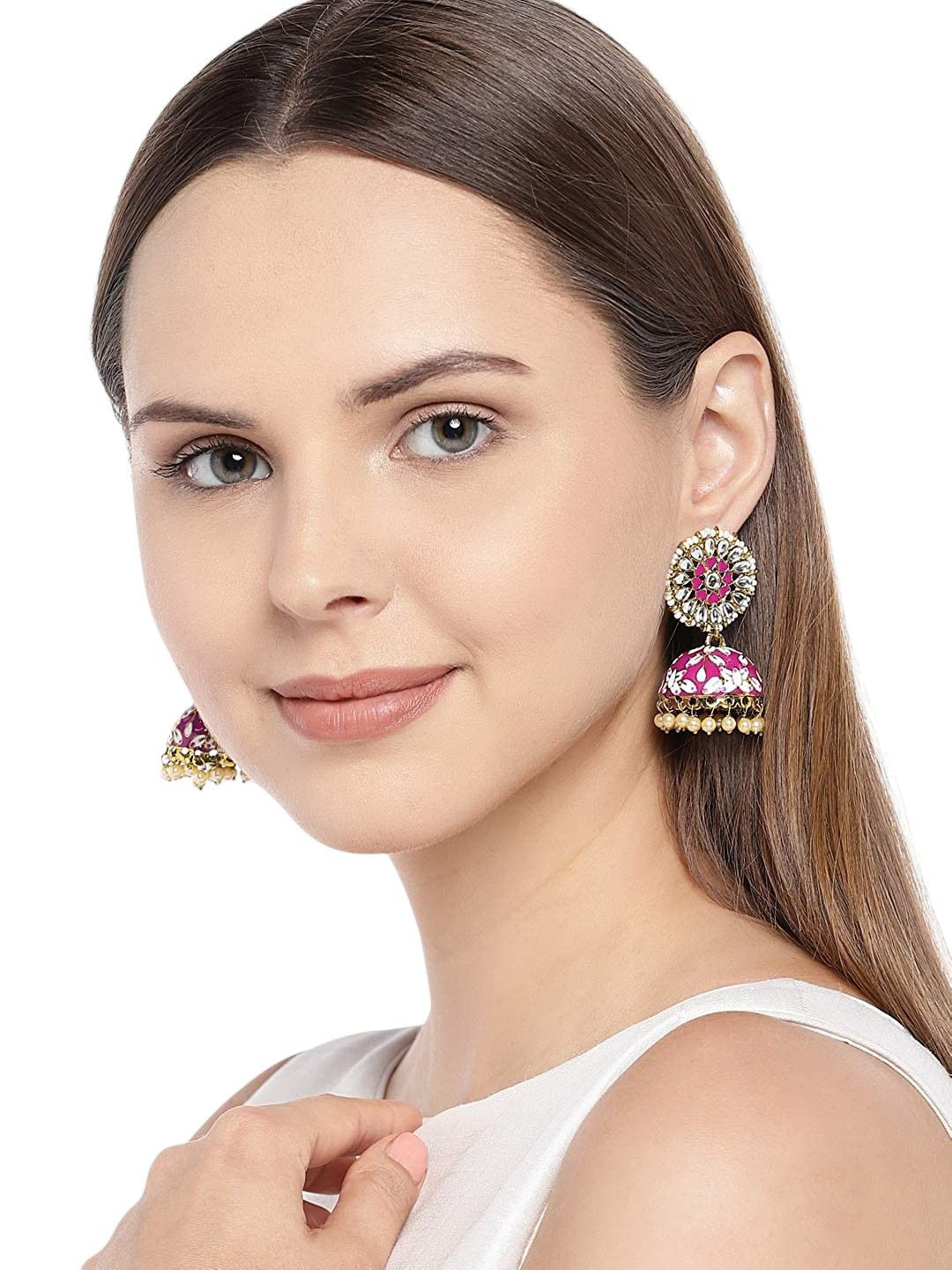 Anouk Pink And White Gold-Plated Kundan Studded Jhumkas