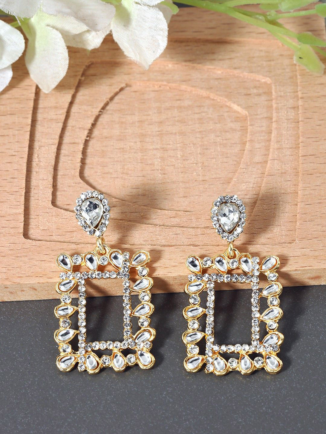Anouk Gold-Toned And White Silver-Plated Rhinestone Studded Drop Shaped Earrings