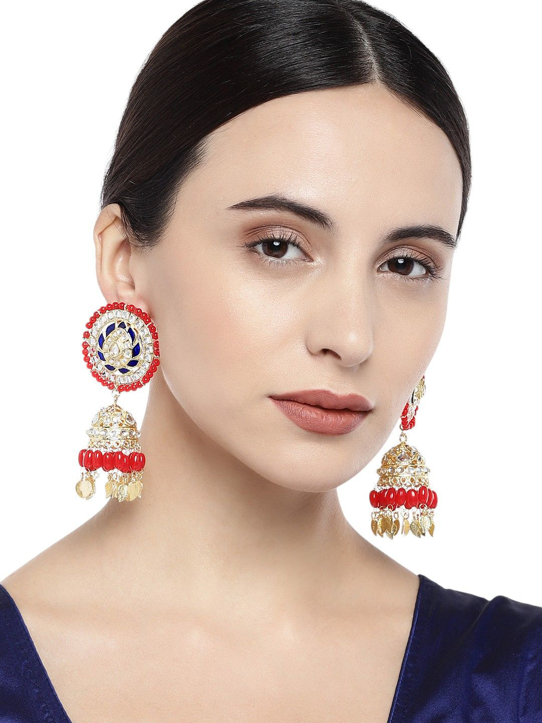 Anouk Red And Blue Gold-Plated Artificial Beads And Kundan Studded Jhumkas