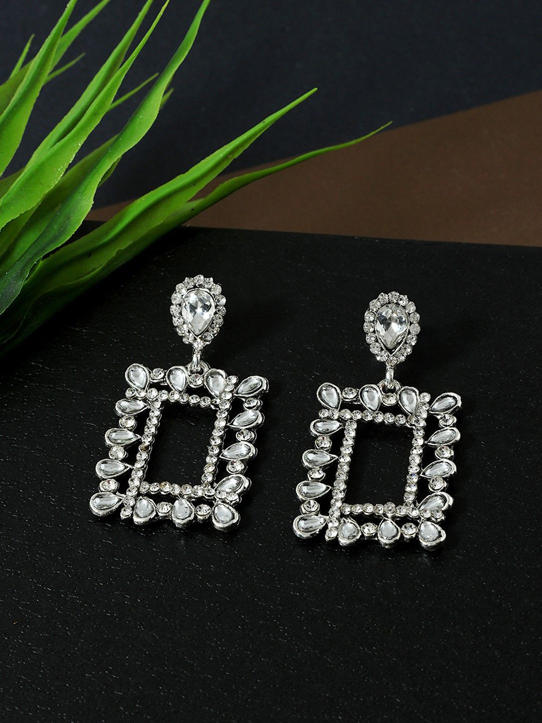 Anouk White And Silver-Plated Rhinestone Studded Square Shaped Drop Earrings