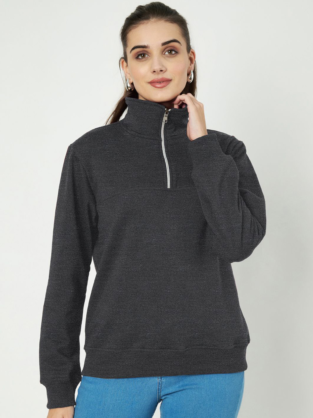 BRINNS Women Solid Mock Collar Sweatshirts