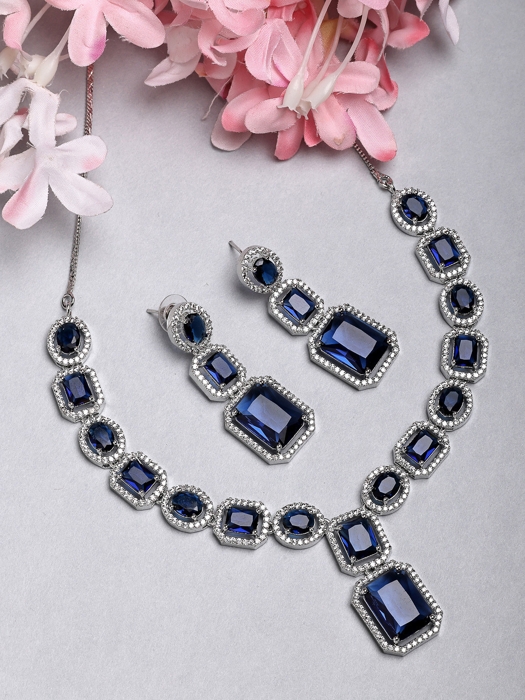 ZENEME Rhodium-Plated Blue American Diamond Imperial Charm Necklace Set