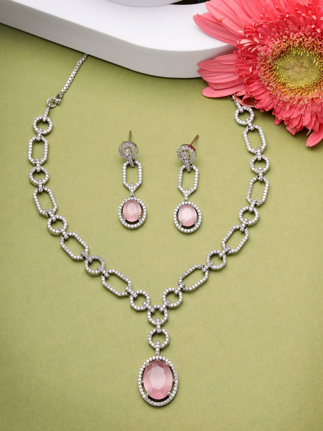 ZENEME Rhodium-Plated Pink American Diamond Contemporary Detailing Necklace & Earring Set