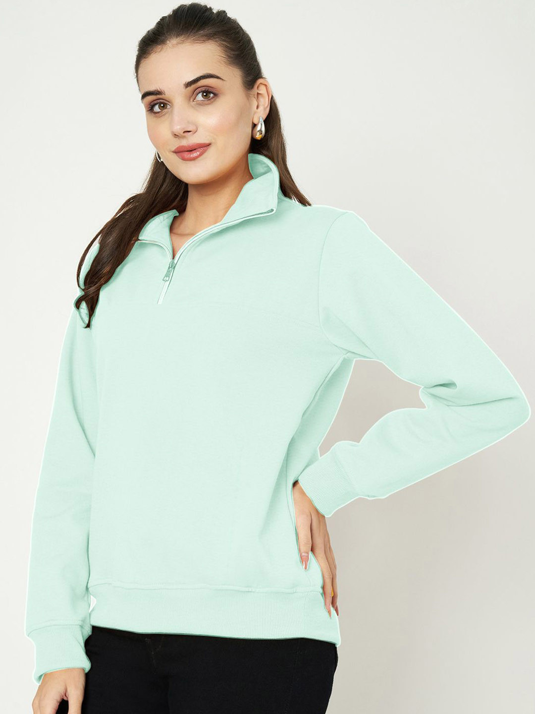 BRINNS Women Solid Mock Collar Sweatshirts