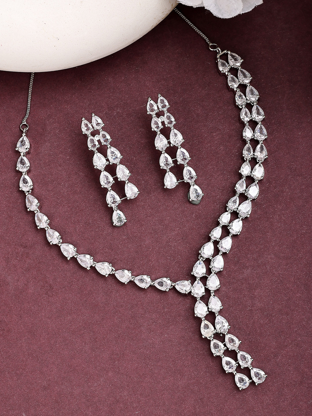 ZENEME Rhodium-Plated American Diamond Teardrop Shaped Necklace & Earring Set