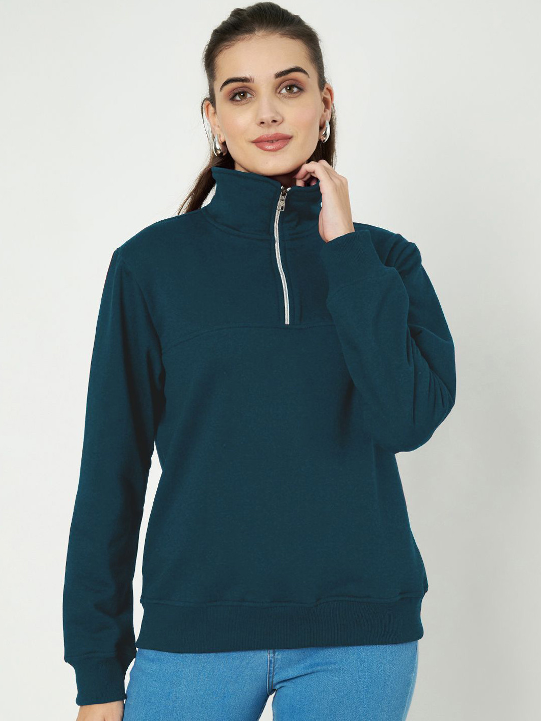 BRINNS Women Solid Mock Collar Sweatshirts