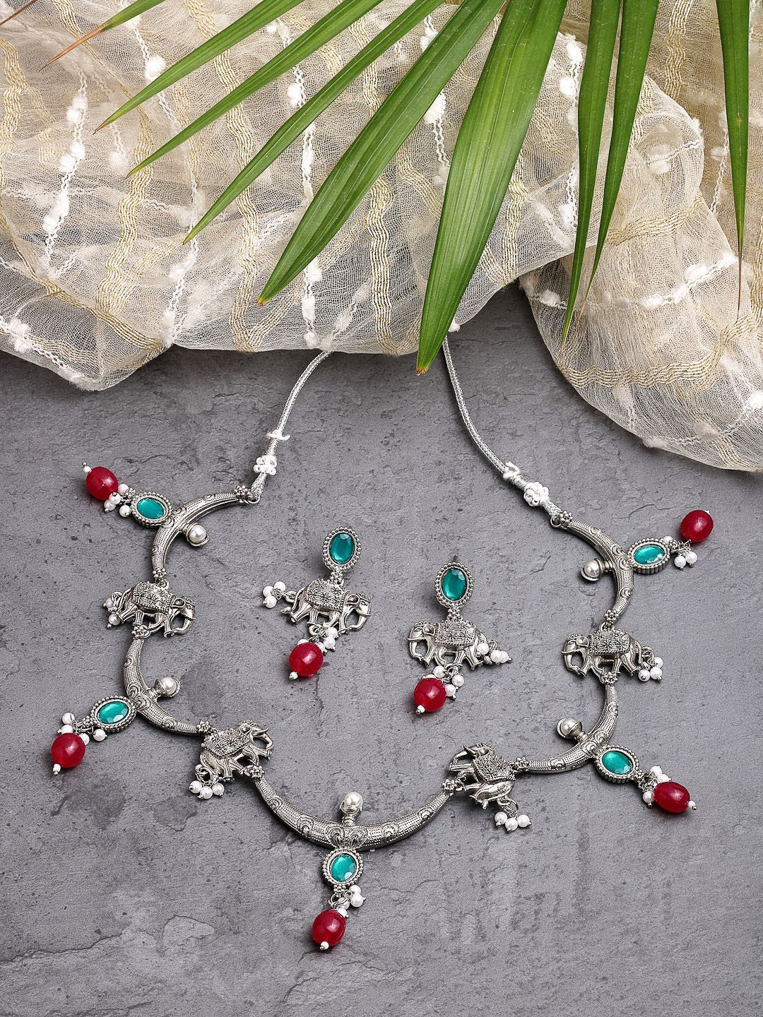 ZENEME Traditional Oxidised Silver Toned Ocean Green & Red Jewellery Set