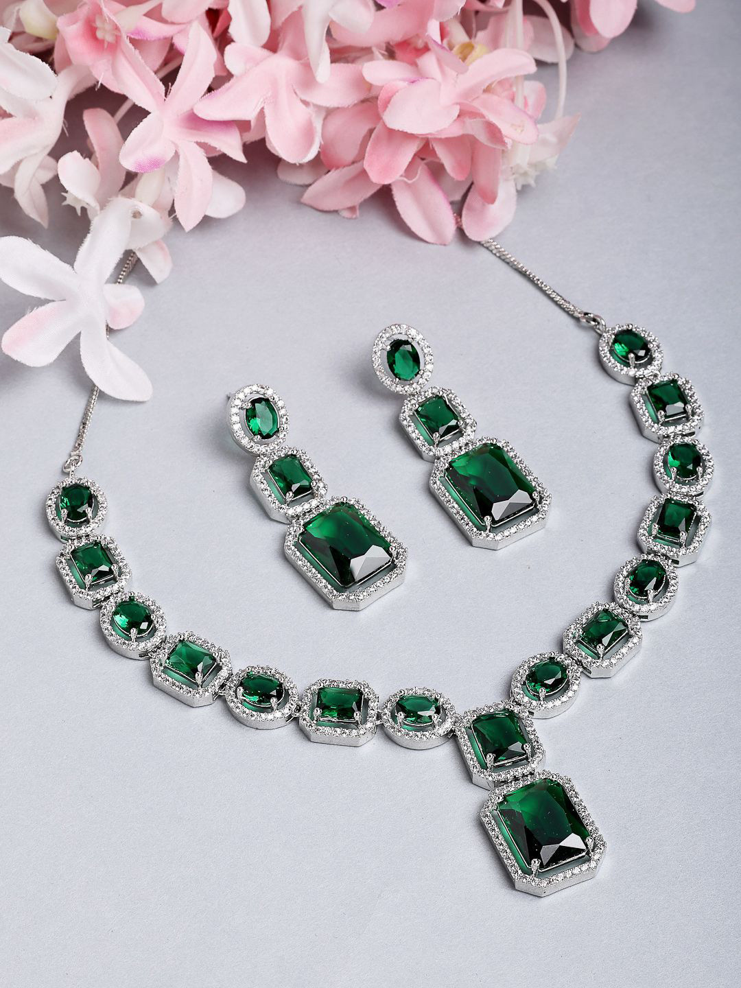 ZENEME Rhodium-Plated Green American Diamond Imperial Charm Necklace Set