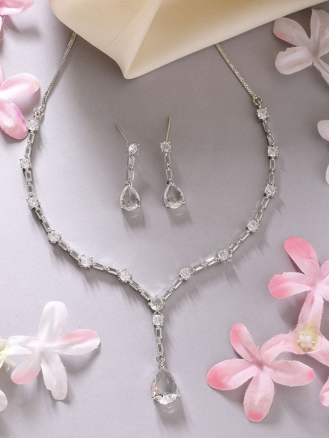 ZENEME Rhodium Plated Silver Toned White American Diamond Necklace & Earring Set