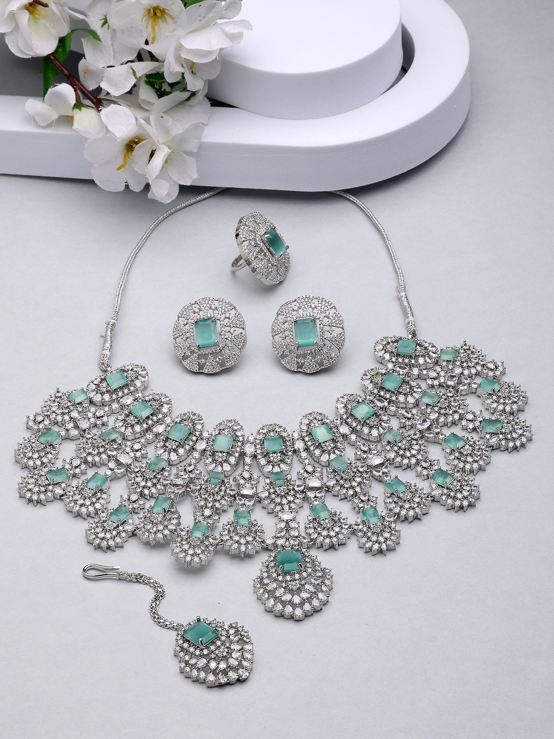 ZENEME Rhodium-Plated Ocean Blue AD Tasselled Necklace Set With Earring Ring & Maang Tikka