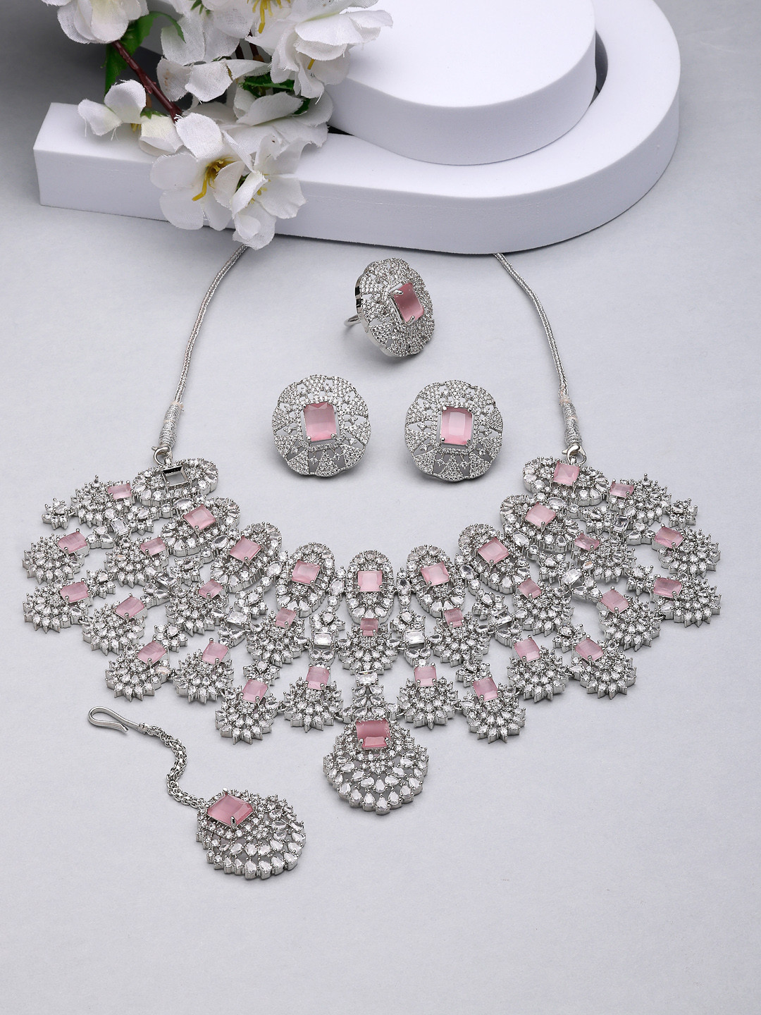 ZENEME Rhodium-Plated American Diamond Necklace Set With Earrings Ring & Maang Tikka